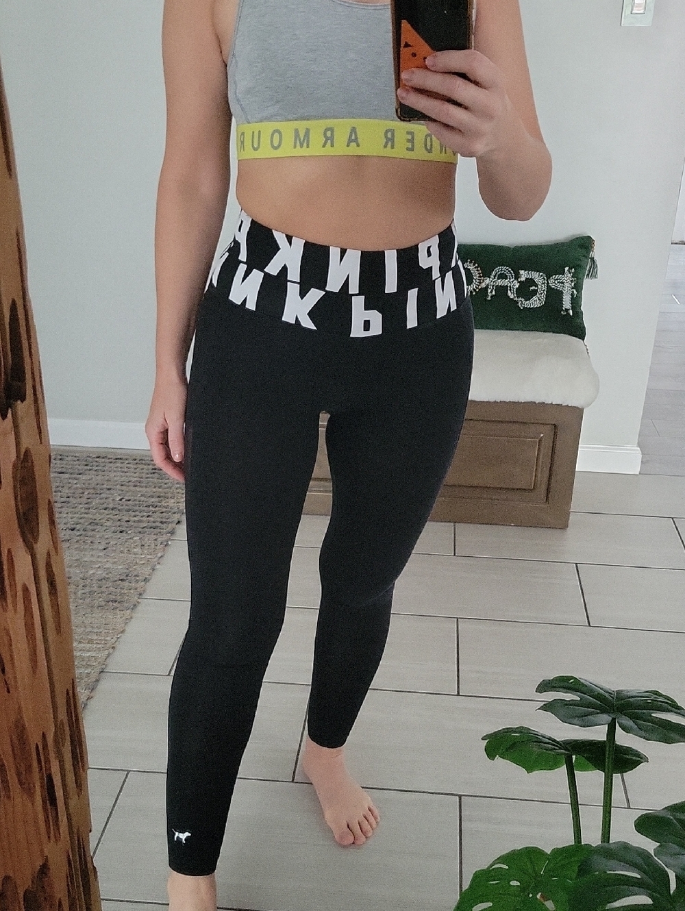 PINK Victoria's Secret Black Leggings with White Logo Waistband